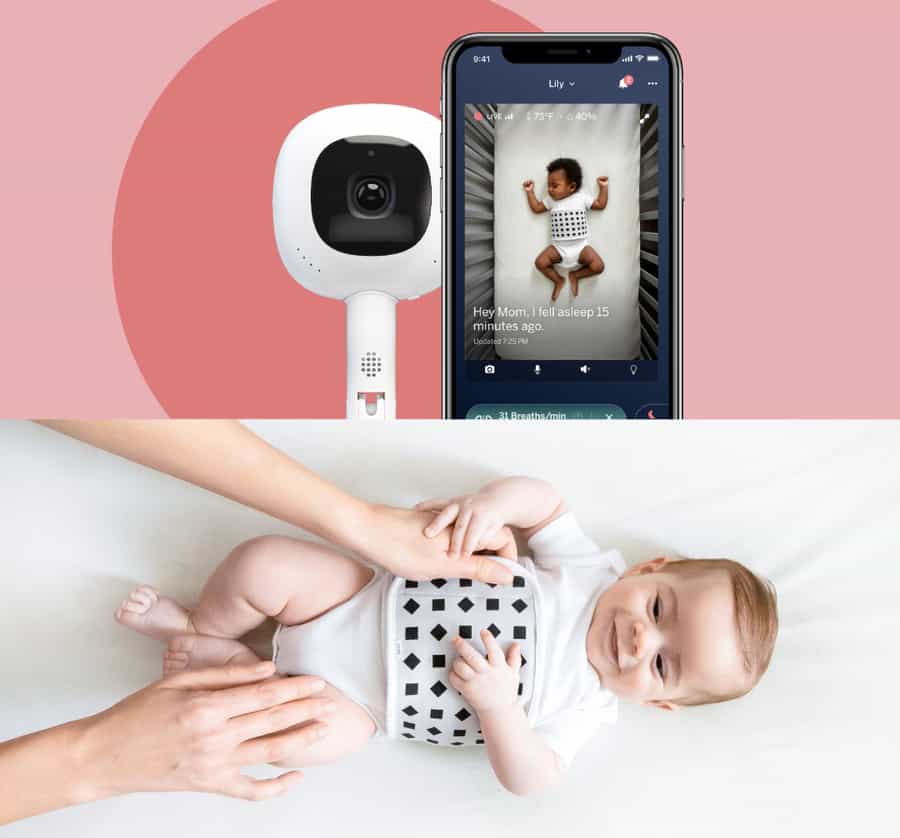 Image of Nanit camera and app above image of baby wearing Nanit tracking band