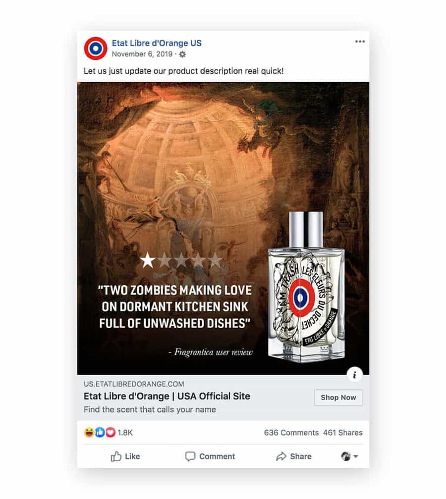 Etat Libre d'Orange Facebook Ad - Review: Two zombies making love on dormant kitchen sink full of unwashed dishes